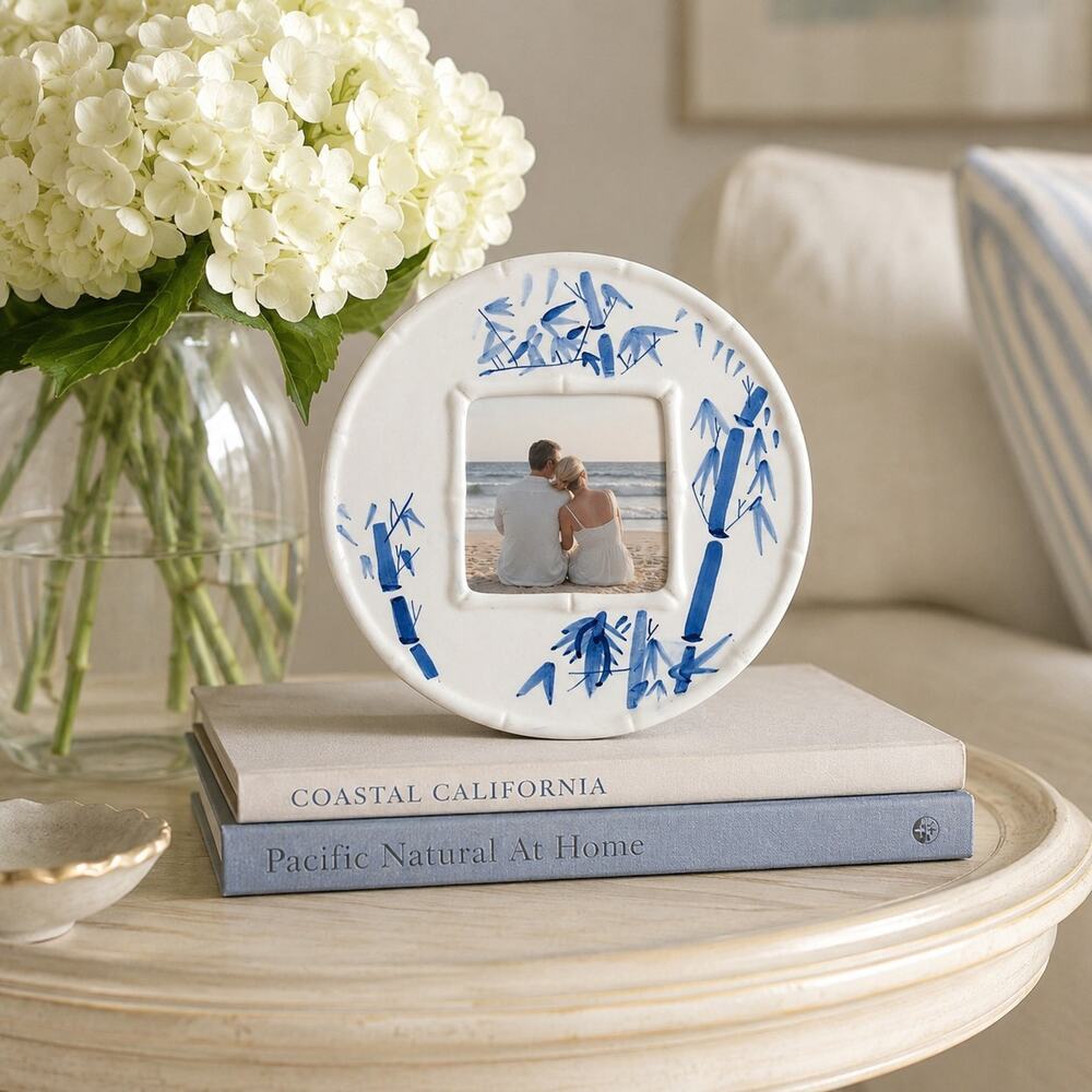 Vtg Picture Frame Ceramic Blue Handpainted Bamboo Asian Chinoiserie Coastal 3x3